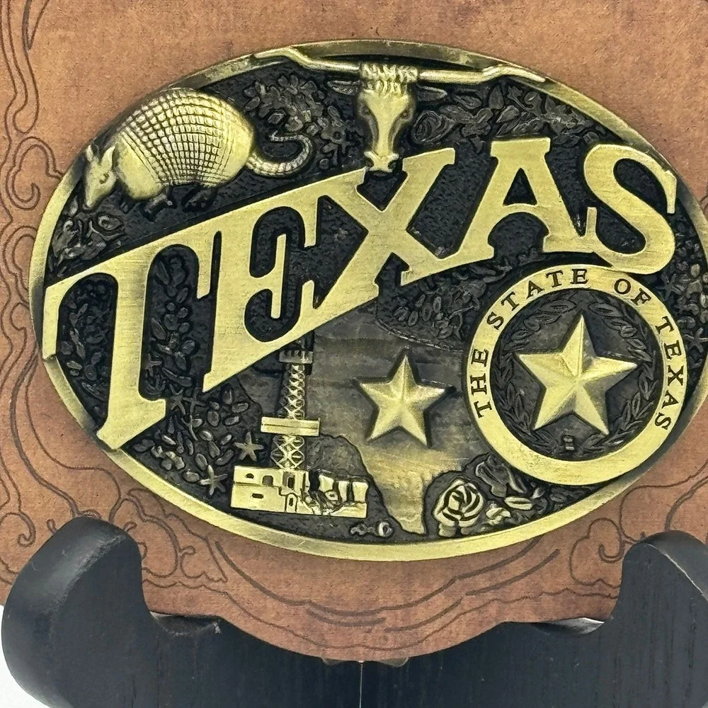 Texas‎ Belt Buckle Antique Brass Style Longhorn Armadillo Western SKU 15012